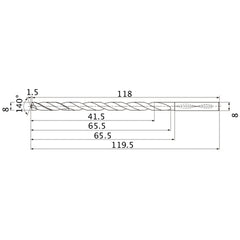 MNS0800LB TF15 8 mm Dia. × 8 mm Shank × 65.5 mm Flute Length × 119.5 mm OAL, 140°, 2 Flute, Coolant Thru, Solid Carbide Drill