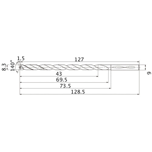 MNS0830LB TF15 8.3 mm Dia. × 9 mm Shank × 69.5 mm Flute Length × 128.5 mm OAL, 140°, 2 Flute, Coolant Thru, Solid Carbide Drill