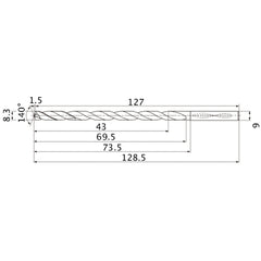 MNS0830LB TF15 8.3 mm Dia. × 9 mm Shank × 69.5 mm Flute Length × 128.5 mm OAL, 140°, 2 Flute, Coolant Thru, Solid Carbide Drill