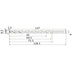 MNS0850LB TF15 8.5 mm Dia. × 9 mm Shank × 69.5 mm Flute Length × 128.5 mm OAL, 140°, 2 Flute, Coolant Thru, Solid Carbide Drill