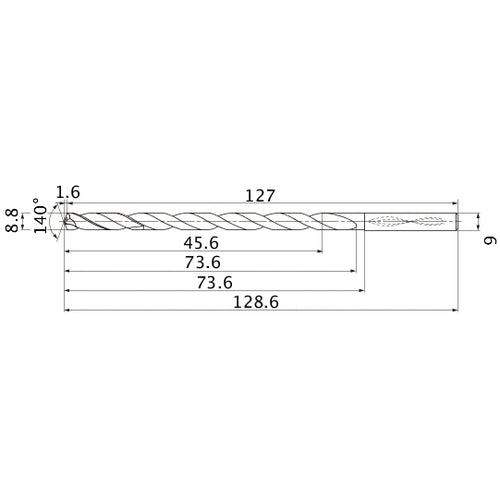 MNS0880LB TF15 8.8 mm Dia. × 9 mm Shank × 73.6 mm Flute Length × 128.6 mm OAL, 140°, 2 Flute, Coolant Thru, Solid Carbide Drill