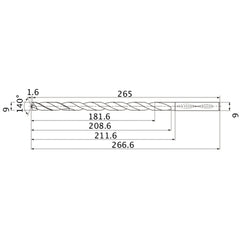 MNS0900X20DB TF15 9 mm Dia. × 9 mm Shank × 208.6 mm Flute Length × 266.6 mm OAL, 140°, 2 Flute, Coolant Thru, Solid Carbide Drill