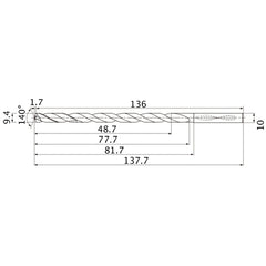 MNS0940LB TF15 9.4 mm Dia. × 10 mm Shank × 77.7 mm Flute Length × 137.7 mm OAL, 140°, 2 Flute, Coolant Thru, Solid Carbide Drill