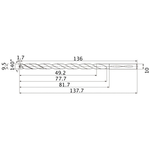 MNS0950LB TF15 9.5 mm Dia. × 10 mm Shank × 77.7 mm Flute Length × 137.7 mm OAL, 140°, 2 Flute, Coolant Thru, Solid Carbide Drill