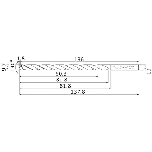 MNS0970LB TF15 9.7 mm Dia. × 10 mm Shank × 81.8 mm Flute Length × 137.8 mm OAL, 140°, 2 Flute, Coolant Thru, Solid Carbide Drill
