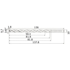 MNS0970LB TF15 9.7 mm Dia. × 10 mm Shank × 81.8 mm Flute Length × 137.8 mm OAL, 140°, 2 Flute, Coolant Thru, Solid Carbide Drill