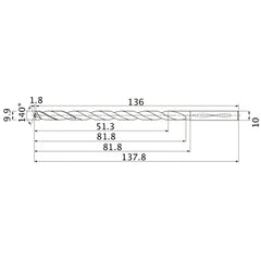 MNS0990LB TF15 9.9 mm Dia. × 10 mm Shank × 81.8 mm Flute Length × 137.8 mm OAL, 140°, 2 Flute, Coolant Thru, Solid Carbide Drill