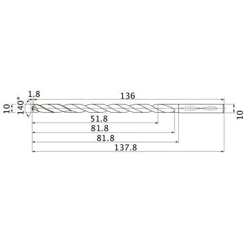 MNS1000LB TF15 10 mm Dia. × 10 mm Shank × 81.8 mm Flute Length × 137.8 mm OAL, 140°, 2 Flute, Coolant Thru, Solid Carbide Drill