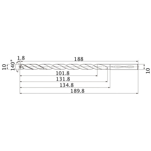 MNS1000X10DB TF15 10 mm Dia. × 10 mm Shank × 131.8 mm Flute Length × 189.8 mm OAL, 140°, 2 Flute, Coolant Thru, Solid Carbide Drill