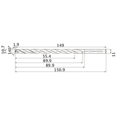 MNS1070LB TF15 10.7 mm Dia. × 11 mm Shank × 89.9 mm Flute Length × 150.9 mm OAL, 140°, 2 Flute, Coolant Thru, Solid Carbide Drill