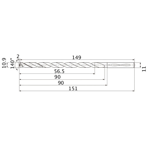 MNS1090LB TF15 10.9 mm Dia. × 11 mm Shank × 90 mm Flute Length × 151 mm OAL, 140°, 2 Flute, Coolant Thru, Solid Carbide Drill
