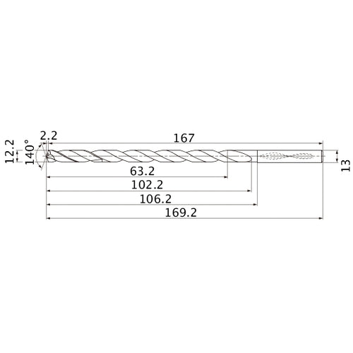 MNS1220LB TF15 12.2 mm Dia. × 13 mm Shank × 102.2 mm Flute Length × 169.2 mm OAL, 140°, 2 Flute, Coolant Thru, Solid Carbide Drill