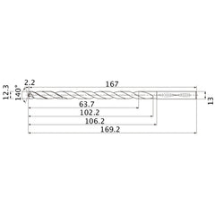MNS1230LB TF15 12.3 mm Dia. × 13 mm Shank × 102.2 mm Flute Length × 169.2 mm OAL, 140°, 2 Flute, Coolant Thru, Solid Carbide Drill