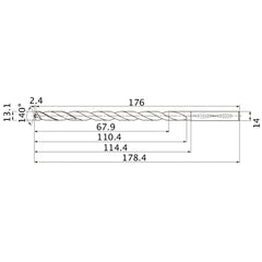 MNS1310LB TF15 13.1 mm Dia. × 14 mm Shank × 110.4 mm Flute Length × 178.4 mm OAL, 140°, 2 Flute, Coolant Thru, Solid Carbide Drill
