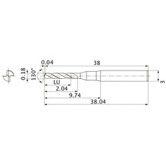 MSE0018SB VP20MF 0.18 mm Dia. × 3 mm Shank × 2.04 mm Flute Length × 38.04 mm OAL, 130°, 2 Flute, External Coolant, Solid Carbide Drill
