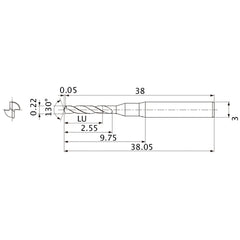 MSE0022SB VP20MF 0.22 mm Dia. × 3 mm Shank × 2.55 mm Flute Length × 38.05 mm OAL, 130°, 2 Flute, External Coolant, Solid Carbide Drill