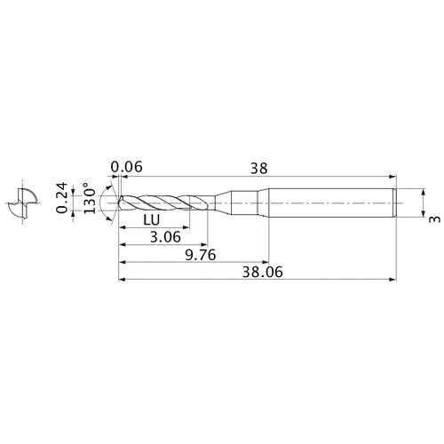MSE0024SB VP20MF 0.24 mm Dia. × 3 mm Shank × 3.06 mm Flute Length × 38.06 mm OAL, 130°, 2 Flute, External Coolant, Solid Carbide Drill