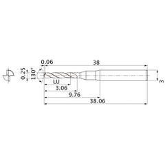 MSE0025SB VP20MF 0.25 mm Dia. × 3 mm Shank × 3.06 mm Flute Length × 38.06 mm OAL, 130°, 2 Flute, External Coolant, Solid Carbide Drill