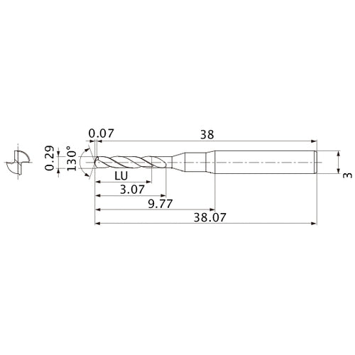MSE0029SB VP20MF 0.29 mm Dia. × 3 mm Shank × 3.07 mm Flute Length × 38.07 mm OAL, 130°, 2 Flute, External Coolant, Solid Carbide Drill