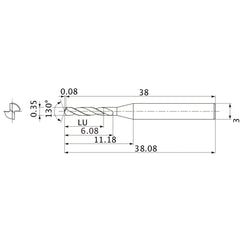 MSE0035SB VP15TF 0.35 mm Dia. × 3 mm Shank × 6.08 mm Flute Length × 38.08 mm OAL, 130°, 2 Flute, External Coolant, Solid Carbide Drill