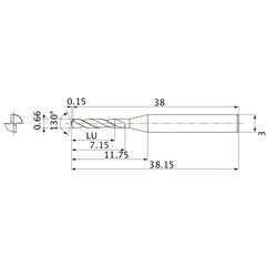 MSE0066SB VP15TF 0.66 mm Dia. × 3 mm Shank × 7.15 mm Flute Length × 38.15 mm OAL, 130°, 2 Flute, External Coolant, Solid Carbide Drill