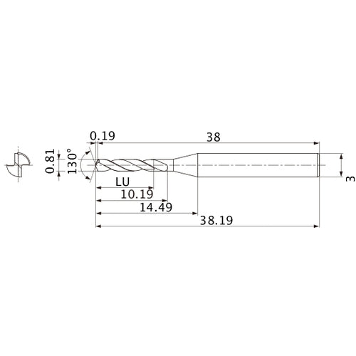 MSE0081SB VP15TF 0.81 mm Dia. × 3 mm Shank × 10.19 mm Flute Length × 38.19 mm OAL, 130°, 2 Flute, External Coolant, Solid Carbide Drill