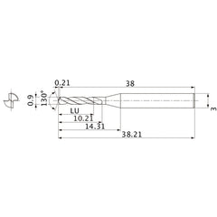 MSE0090SB VP15TF 0.9 mm Dia. × 3 mm Shank × 10.21 mm Flute Length × 38.21 mm OAL, 130°, 2 Flute, External Coolant, Solid Carbide Drill