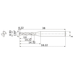 MSE0093SB VP15TF 0.93 mm Dia. × 3 mm Shank × 10.22 mm Flute Length × 38.22 mm OAL, 130°, 2 Flute, External Coolant, Solid Carbide Drill