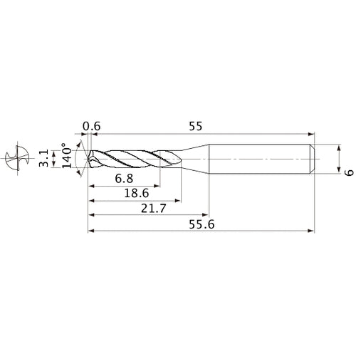 MVE0310X02S060 DP1020 3.1 mm Dia. × 6 mm Shank × 18.6 mm Flute Length × 55.6 mm OAL, 140°, 2 Flute, External Coolant, Solid Carbide Drill