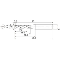 MVE0330X02S060 DP1020 3.3 mm Dia. × 6 mm Shank × 18.6 mm Flute Length × 55.6 mm OAL, 140°, 2 Flute, External Coolant, Solid Carbide Drill