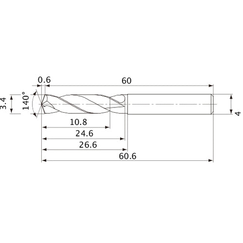 MVE0340X03S040 DP1020 3.4 mm Dia. × 4 mm Shank × 24.6 mm Flute Length × 60.6 mm OAL, 140°, 2 Flute, External Coolant, Solid Carbide Drill