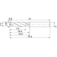 MVE0350X02S040 DP1020 3.5 mm Dia. × 4 mm Shank × 18.6 mm Flute Length × 55.6 mm OAL, 140°, 2 Flute, External Coolant, Solid Carbide Drill