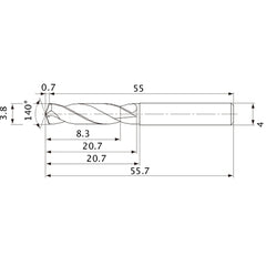 MVE0380X02S040 DP1020 3.8 mm Dia. × 4 mm Shank × 20.7 mm Flute Length × 55.7 mm OAL, 140°, 2 Flute, External Coolant, Solid Carbide Drill