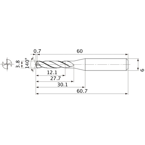 MVE0380X03S060 DP1020 3.8 mm Dia. × 6 mm Shank × 27.7 mm Flute Length × 60.7 mm OAL, 140°, 2 Flute, External Coolant, Solid Carbide Drill
