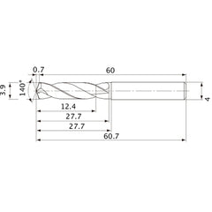 MVE0390X03S040 DP1020 3.9 mm Dia. × 4 mm Shank × 27.7 mm Flute Length × 60.7 mm OAL, 140°, 2 Flute, External Coolant, Solid Carbide Drill