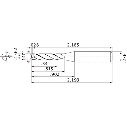 MVE0397X02S060 DP1020 0.1562″ Dia. × 0.236″ Shank × 0.815″ Flute Length × 2.193″ OAL, 140°, 2 Flute, External Coolant, Solid Carbide Drill