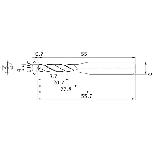 MVE0400X02S060 DP1020 4 mm Dia. × 6 mm Shank × 20.7 mm Flute Length × 55.7 mm OAL, 140°, 2 Flute, External Coolant, Solid Carbide Drill