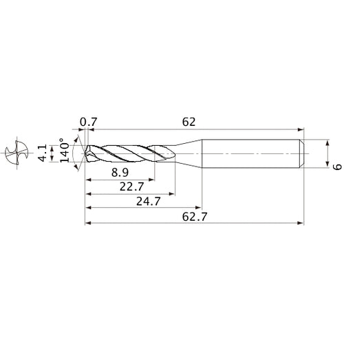 MVE0410X02S060 DP1020 4.1 mm Dia. × 6 mm Shank × 22.7 mm Flute Length × 62.7 mm OAL, 140°, 2 Flute, External Coolant, Solid Carbide Drill