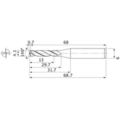 MVE0410X03S060 DP1020 4.1 mm Dia. × 6 mm Shank × 29.7 mm Flute Length × 68.7 mm OAL, 140°, 2 Flute, External Coolant, Solid Carbide Drill