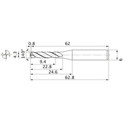 MVE0430X02S060 DP1020 4.3 mm Dia. × 6 mm Shank × 22.8 mm Flute Length × 62.8 mm OAL, 140°, 2 Flute, External Coolant, Solid Carbide Drill