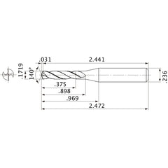 MVE0437X02S060 DP1020 0.1719″ Dia. × 0.236″ Shank × 0.898″ Flute Length × 2.472″ OAL, 140°, 2 Flute, External Coolant, Solid Carbide Drill