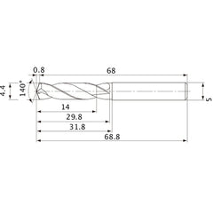 MVE0440X03S050 DP1020 4.4 mm Dia. × 5 mm Shank × 29.8 mm Flute Length × 68.8 mm OAL, 140°, 2 Flute, External Coolant, Solid Carbide Drill