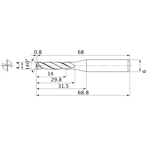 MVE0440X03S060 DP1020 4.4 mm Dia. × 6 mm Shank × 29.8 mm Flute Length × 68.8 mm OAL, 140°, 2 Flute, External Coolant, Solid Carbide Drill