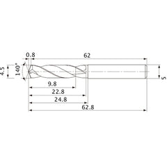 MVE0450X02S050 DP1020 4.5 mm Dia. × 5 mm Shank × 22.8 mm Flute Length × 62.8 mm OAL, 140°, 2 Flute, External Coolant, Solid Carbide Drill