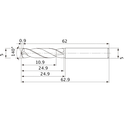 MVE0500X02S050 DP1020 5 mm Dia. × 5 mm Shank × 24.9 mm Flute Length × 62.9 mm OAL, 140°, 2 Flute, External Coolant, Solid Carbide Drill