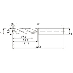 MVE0500X02S060 DP1020 5 mm Dia. × 6 mm Shank × 24.9 mm Flute Length × 62.9 mm OAL, 140°, 2 Flute, External Coolant, Solid Carbide Drill
