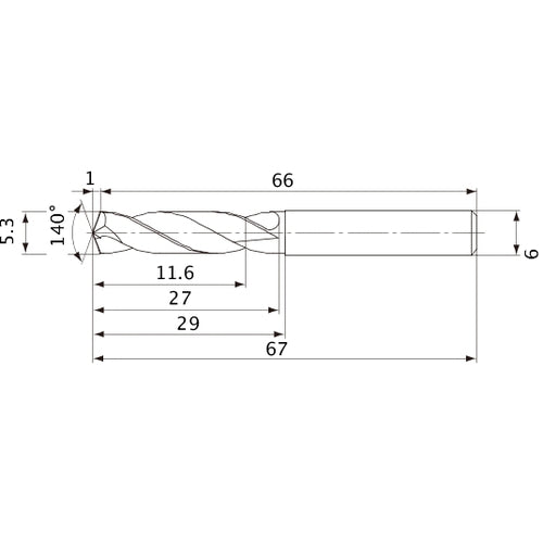 MVE0530X02S060 DP1020 5.3 mm Dia. × 6 mm Shank × 27 mm Flute Length × 67 mm OAL, 140°, 2 Flute, External Coolant, Solid Carbide Drill