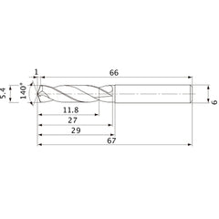 MVE0540X02S060 DP1020 5.4 mm Dia. × 6 mm Shank × 27 mm Flute Length × 67 mm OAL, 140°, 2 Flute, External Coolant, Solid Carbide Drill