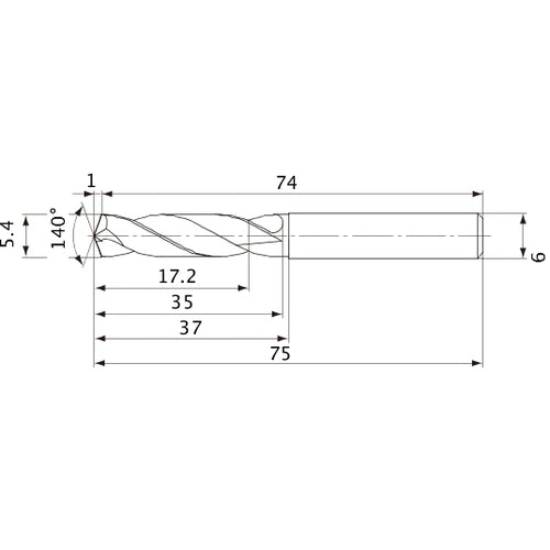 MVE0540X03S060 DP1020 5.4 mm Dia. × 6 mm Shank × 35 mm Flute Length × 75 mm OAL, 140°, 2 Flute, External Coolant, Solid Carbide Drill