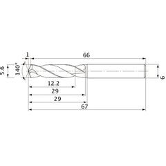MVE0560X02S060 DP1020 5.6 mm Dia. × 6 mm Shank × 29 mm Flute Length × 67 mm OAL, 140°, 2 Flute, External Coolant, Solid Carbide Drill